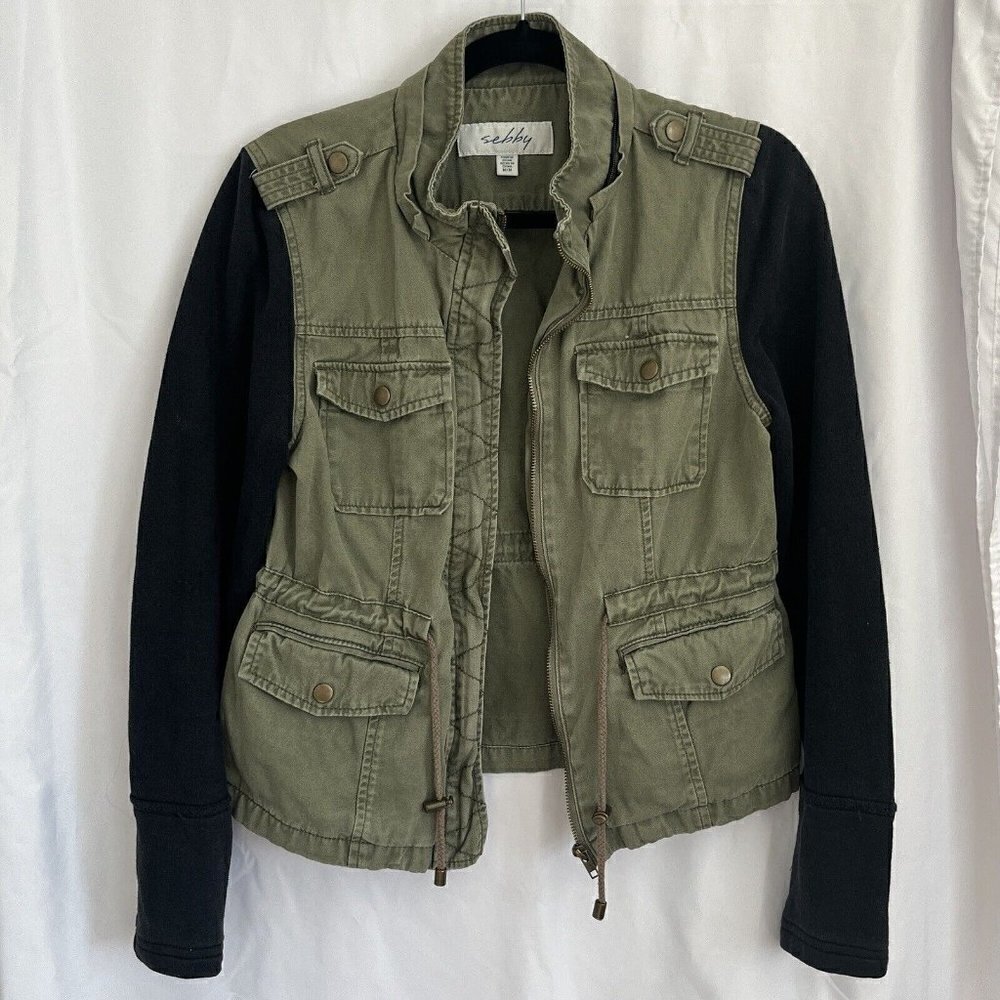 Womens Military Utility Jacket Sweatshirt Medium Olive Army Green 90s Grunge - Picture 3 of 16